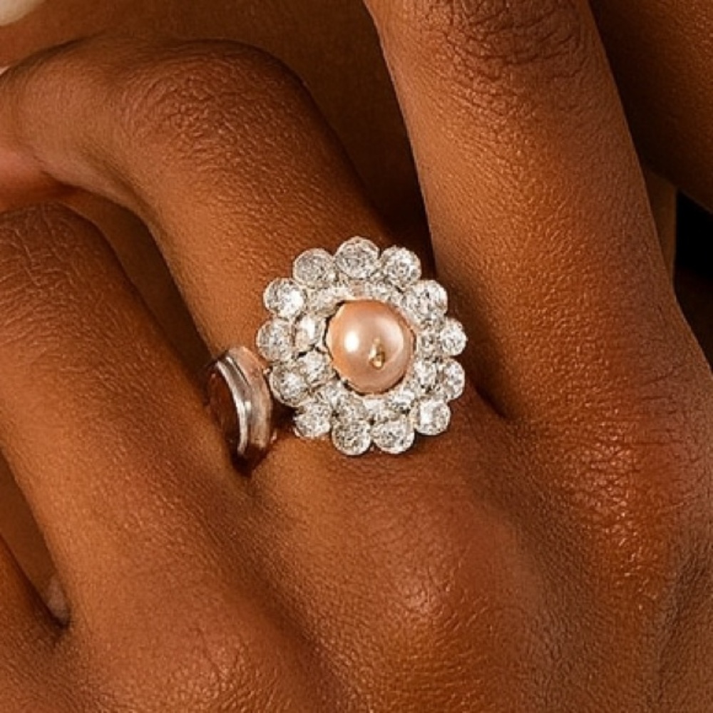 Silver Stretch Ring with Champagne Pearl & Rhinestone Flower Design
